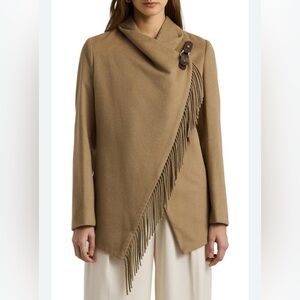 Lauren Ralph Lauren Buckled Wool-Blend Fringe Jacket in the color Camel size 6